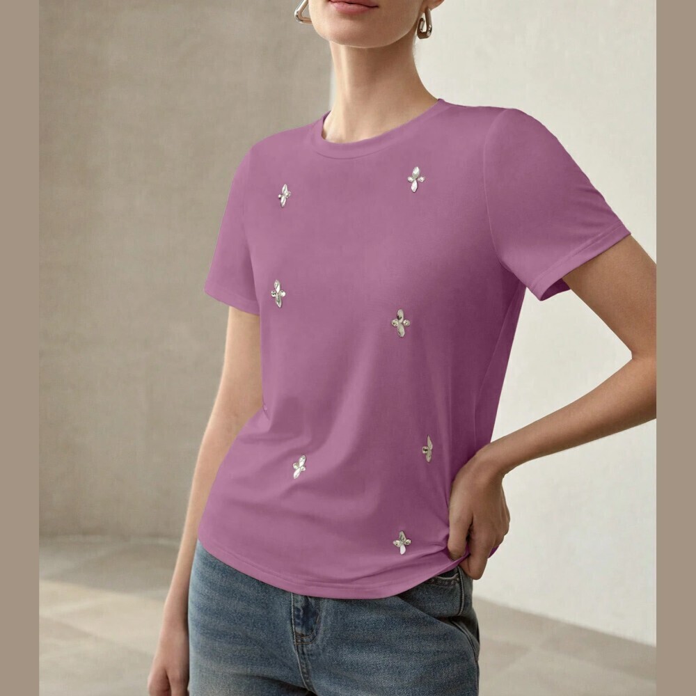 Orchid Lilac Purple Crystal Trim Short Sleeve Round Neck T-Shirt